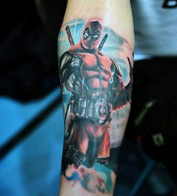 Cartoon style colored arm tattoo of Deadpool with crossed swords