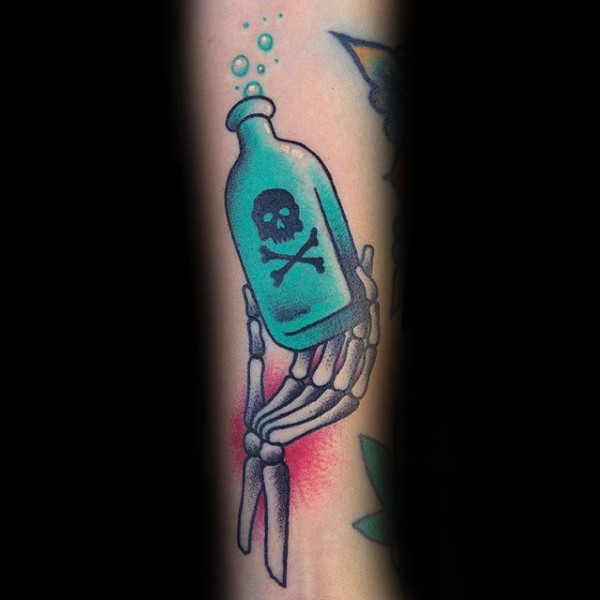 Cartoon style colored arm tattoo of skeleton hand with poison bottle