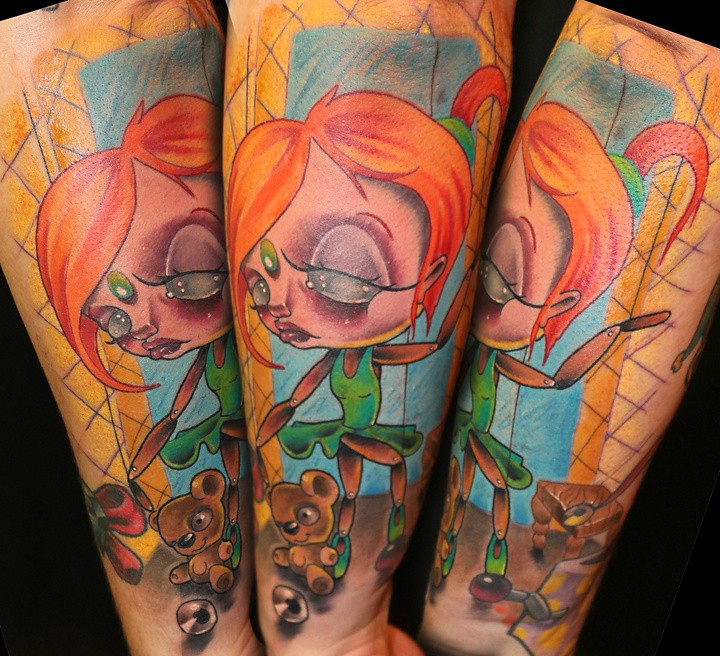Cartoon style colored arm tattoo of creepy girl with toys