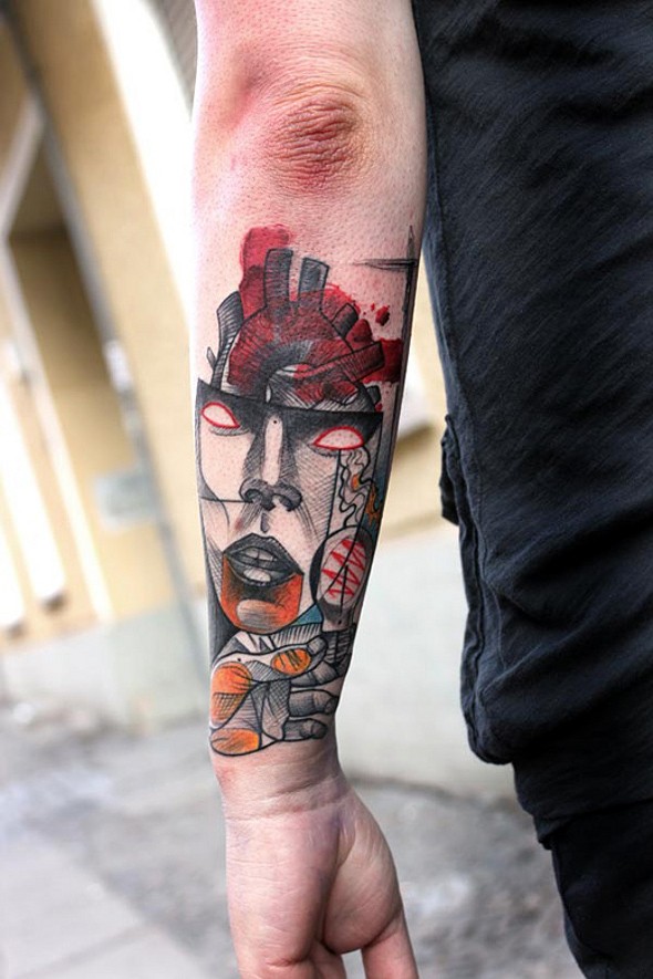 Cartoon style colored arm tattoo of demonic mask with bloody heart