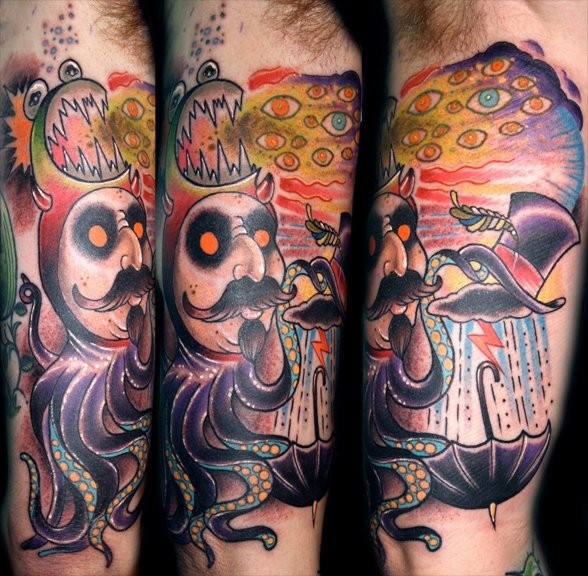 Cartoon style colored arm tattoo of evil octopus with strange looking symbols
