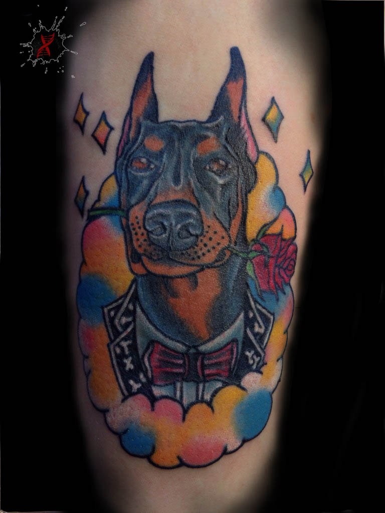 Cartoon style colored arm tattoo of funny gentleman dog and rose
