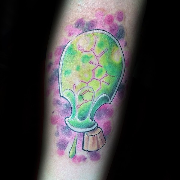Cartoon style colored arm tattoo of poison bottle with chemistry