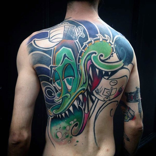 Cartoon style colored back tattoo of creepy dragon