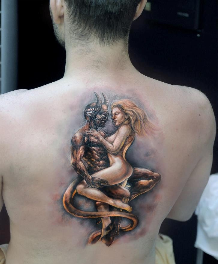 Cartoon style colored back tattoo of devil with naked woman