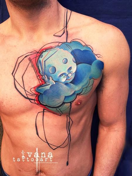 Cartoon Stil farbiges Brust Tattoo mit interessant aussehendem Mann