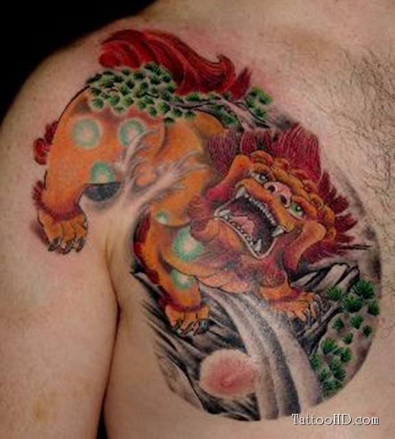 Cartoon style colored chest tattoo of Asian tiger