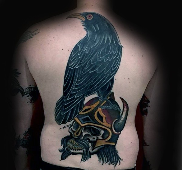 Cartoon style colored crow with ancient warriors skull in helmet