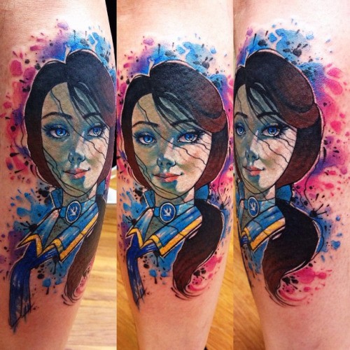 Cartoon style colored cute woman tattoo on leg