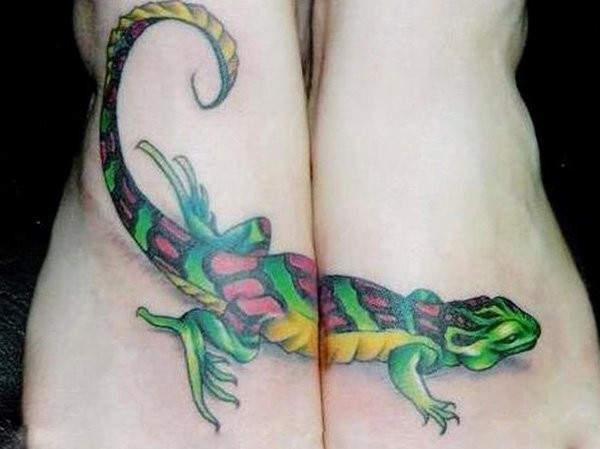 Cartoon style colored foot tattoo of amazing lizard