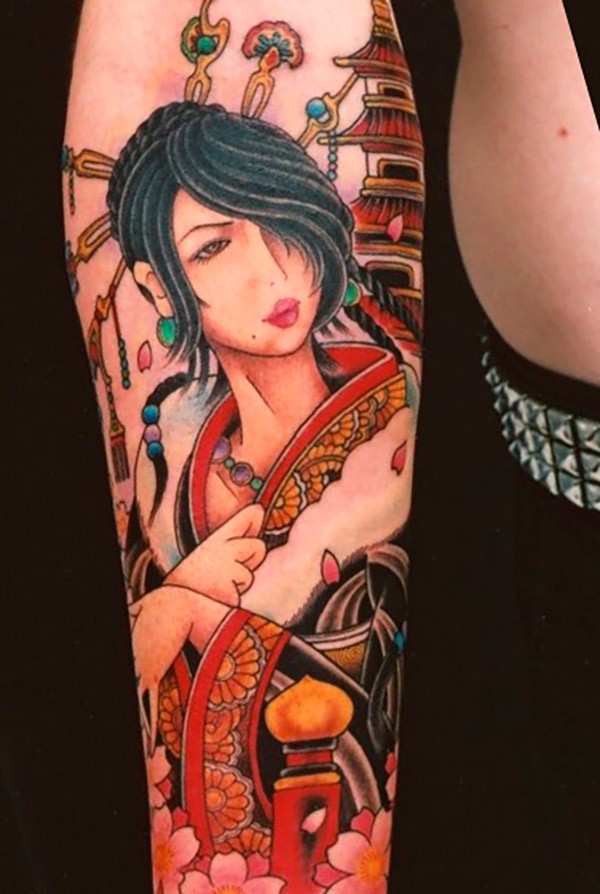Cartoon style colored forearm tattoo of beautiful geisha