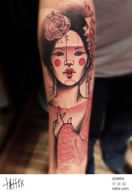 Cartoon style colored forearm tattoo of japanese woman