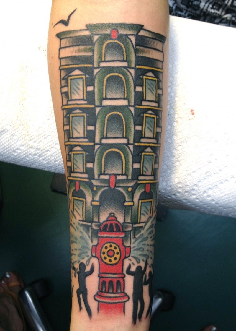 Cartoon style colored forearm tattoo of interesting house with fire hydrant
