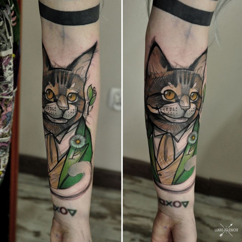 Cartoon style colored forearm tattoo of funny looking cat in suit