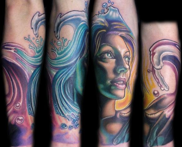 Cartoon style colored forearm tattoo of fantasy woman