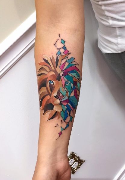 Cartoon style colored forearm tattoo of tiger stylized with geometrical figures
