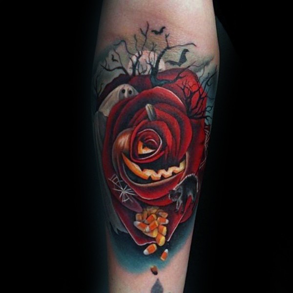 Cartoon style colored forearm tattoo of red rose with pills