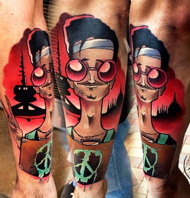 Cartoon style colored funny man with city sights tattoo on forearm