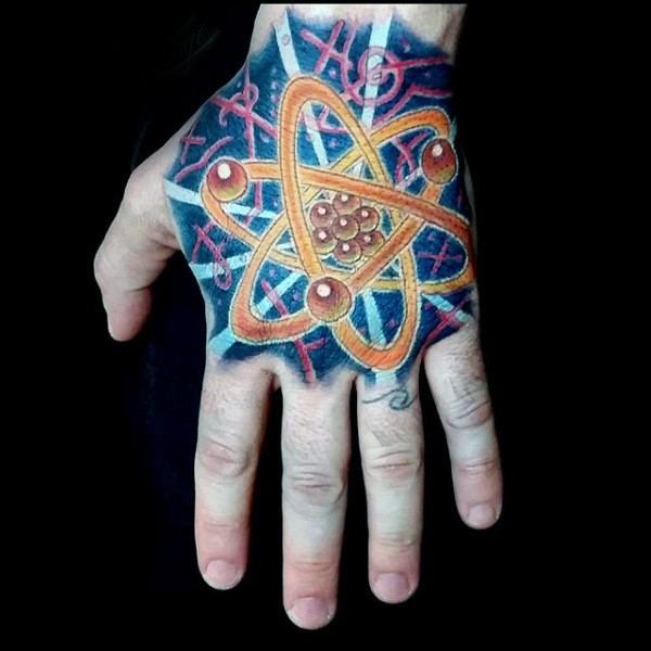 Cartoon style colored hand tattoo of small atom
