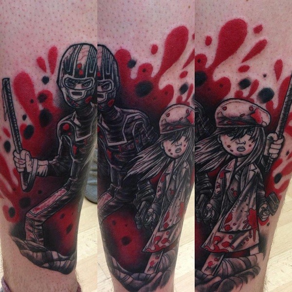 Cartoon style colored leg tattoo fo bloody girl with man in mask