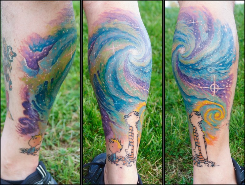 Cartoon style colored leg tattoo of big space with boy and tiger