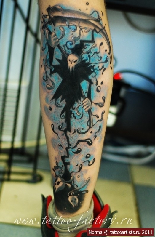 Cartoon style colored leg tattoo of Grimm reaper with cool mask