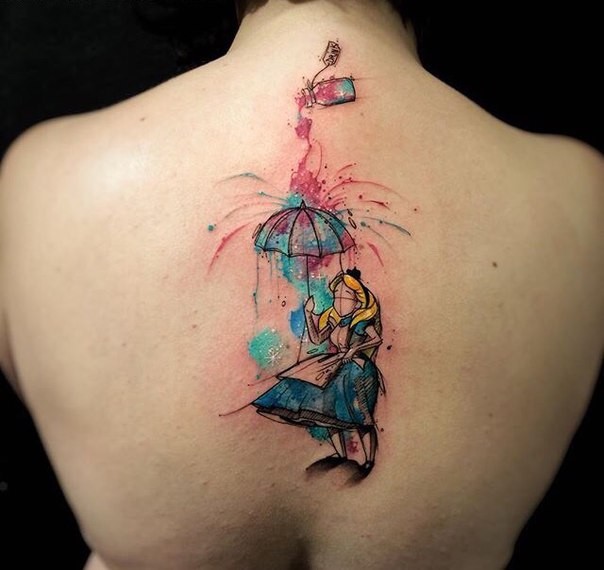 cartoon style colored little girl with umbrella tattoo on back