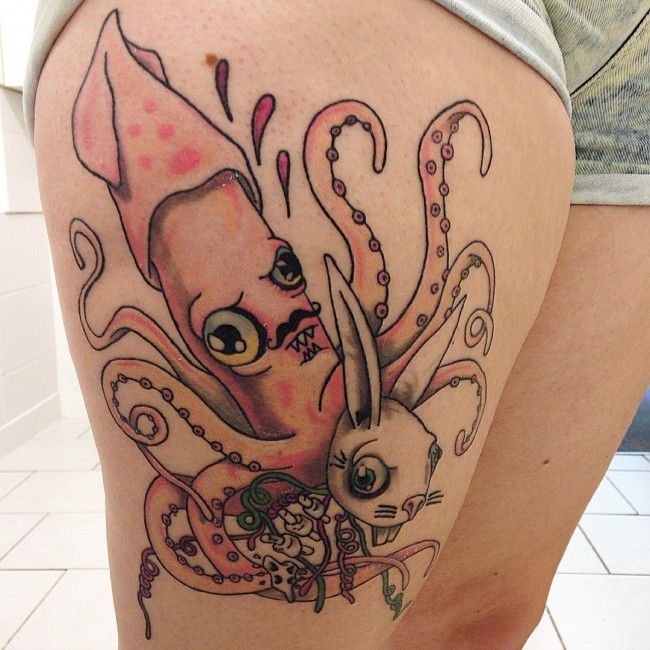 Cartoon style colored octopus with rabbit