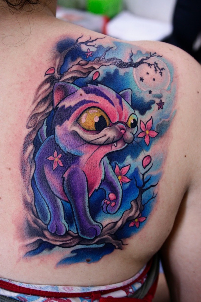 Cartoon style colored scapular tattoo of funny cat with flowers