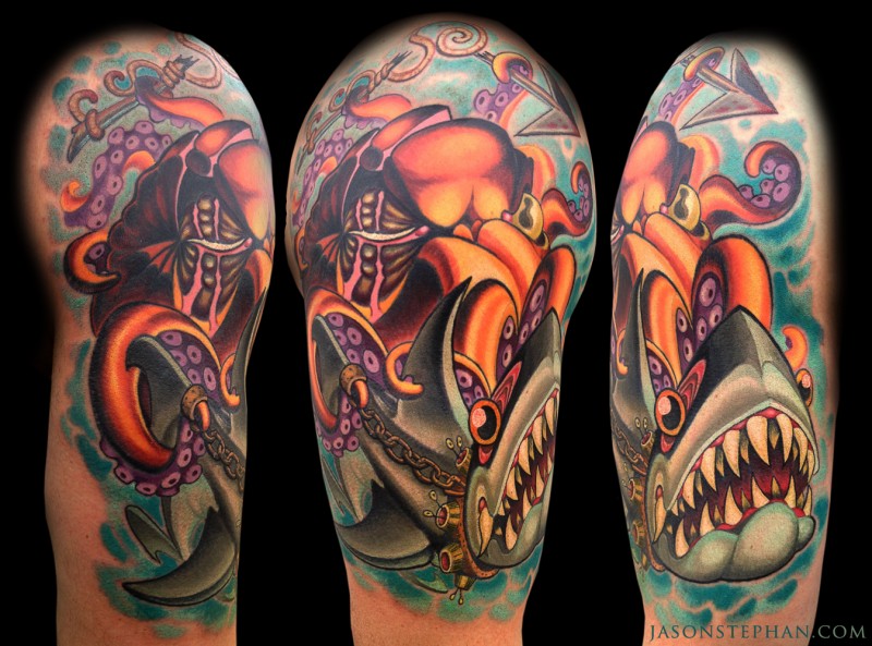 Cartoon style colored shoulder tattoo of octopus and chained shark