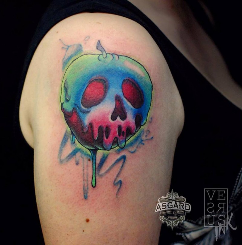 Cartoon style colored shoulder tattoo of creepy apple
