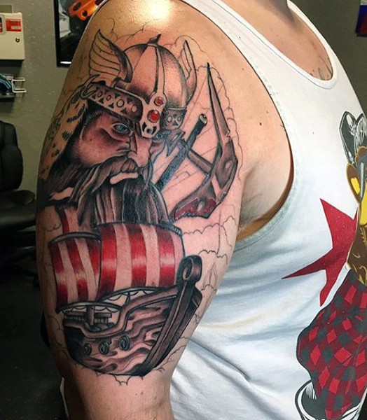 Cartoon style colored shoulder tattoo of viking with sailing ship