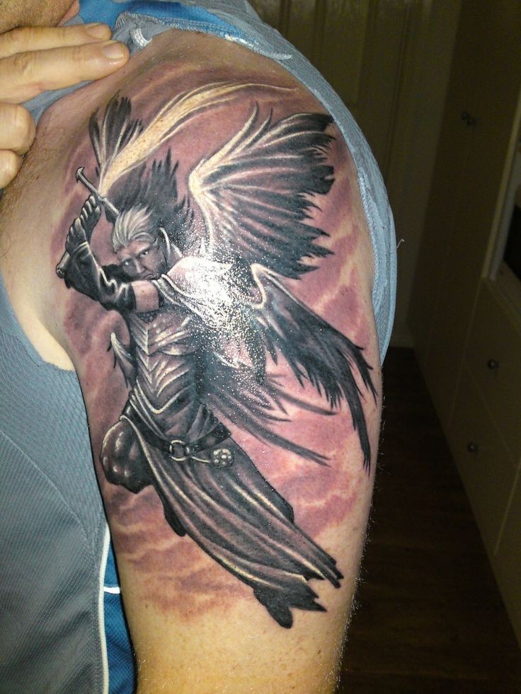 Cartoon style colored shoulder tattoo of angel warrior