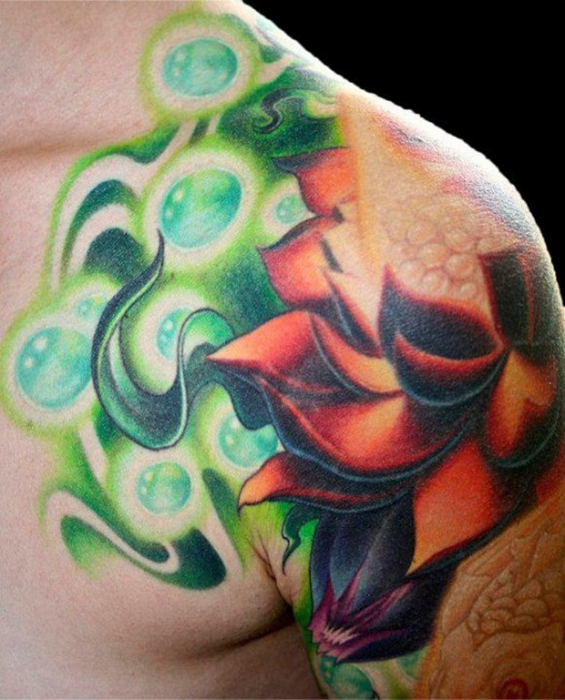 Cartoon style colored shoulder tattoo of fantasy glowing flower