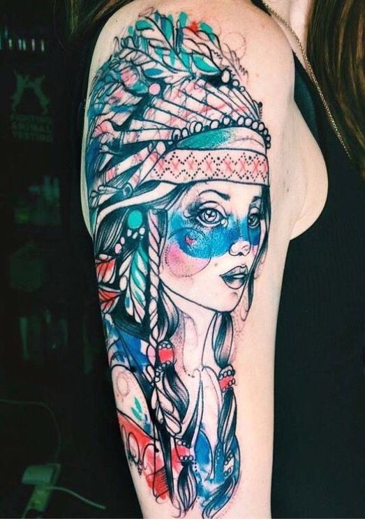 Cartoon style colored shoulder tattoo of Indian woman with helmet