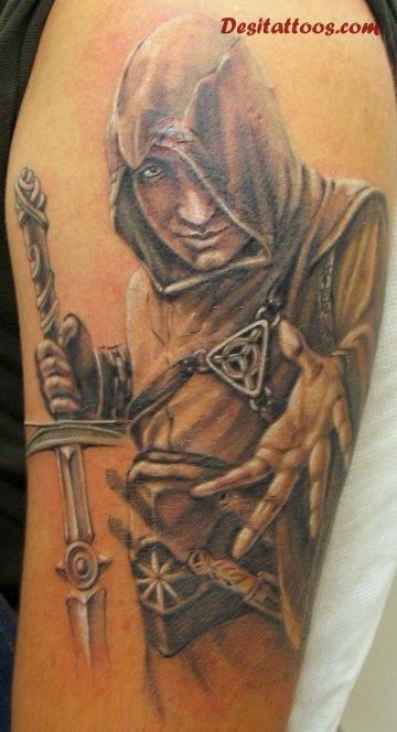 Cartoon style colored shoulder tattoo of video game assassin