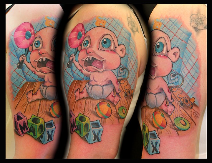 Cartoon style colored shoulder tattoo of funny little baby with cubes and toys