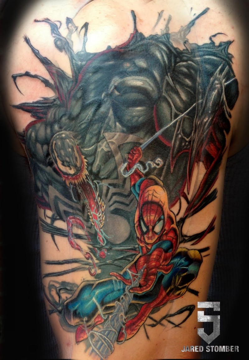 Cartoon style colored shoulder tattoo of Spider-man and Venom