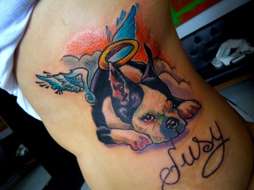 Cartoon style colored side tattoo of memorial dog portrait with lettering