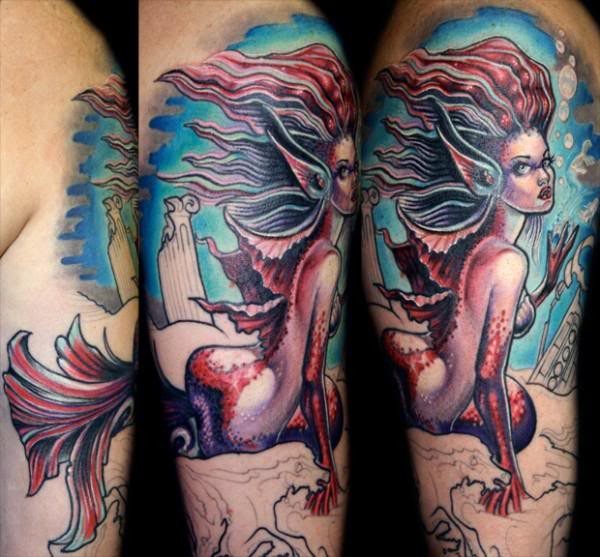Cartoon style colored tattoo of fantasy mermaid