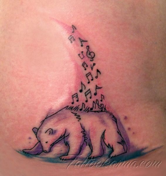 Cartoon style colored tattoo of musical bear