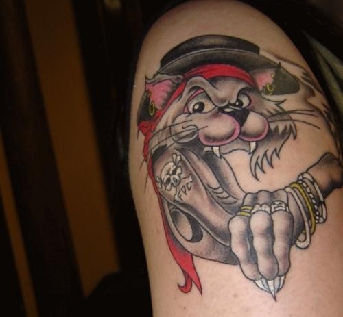 Cartoon style colored tattoo of pirate wolf with rings