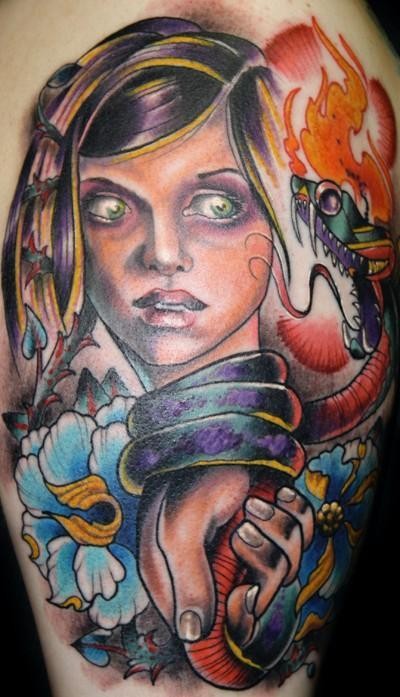 Cartoon style colored tattoo of woman face with snake and flames