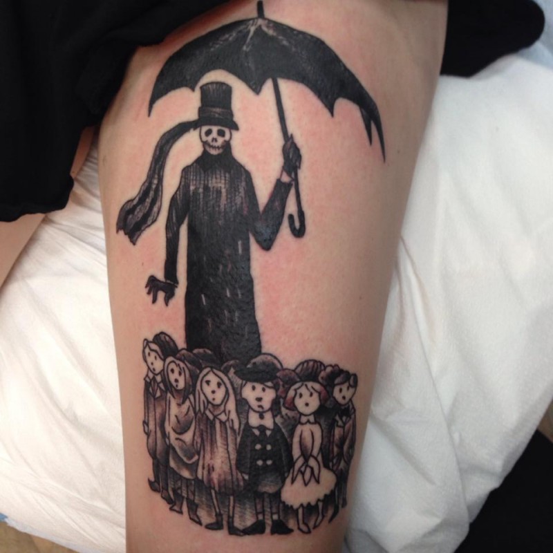 Cartoon style colored thigh tattoo of skeleton with umbrella and little kids