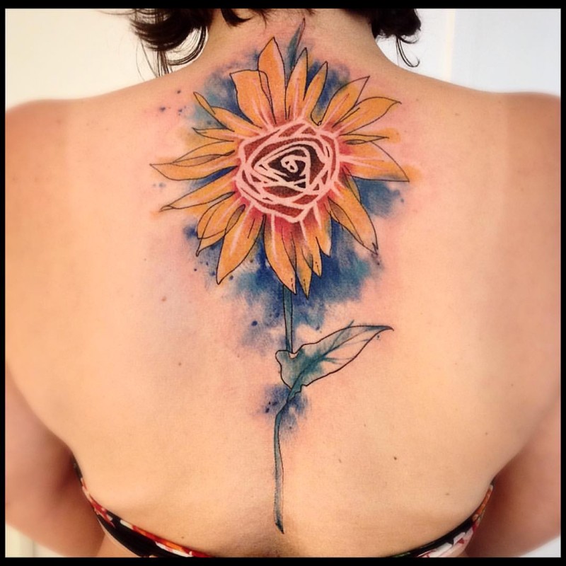 Cartoon style colored upper back tattoo of big flower