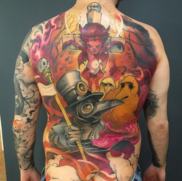 Cartoon style colored whole back tattoo of various demons and monsters