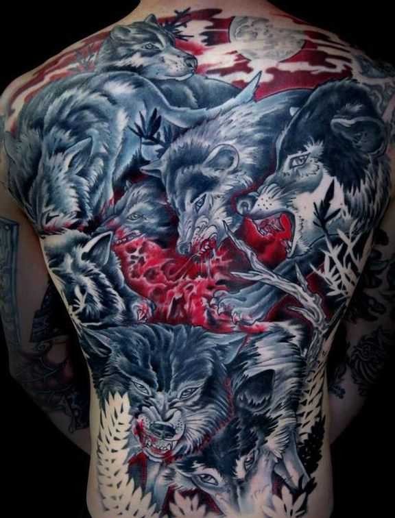 Cartoon style colored whole body tattoo of bloody wolves