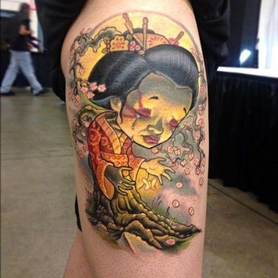 Cartoon style designed colored thigh tattoo on geisha with tree and butterfly