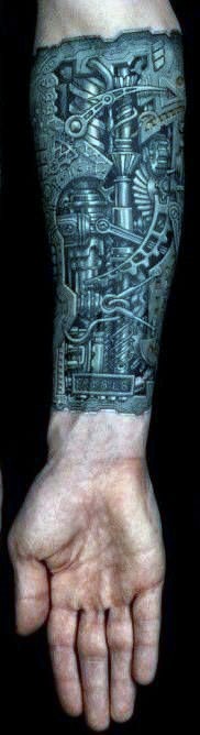 Cartoon style detailed forearm tattoo of mystical medieval mechanism