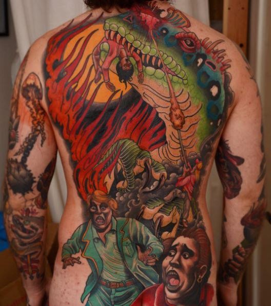 Cartoon style illustrative whole back tattoo of evil dragon with scary humans